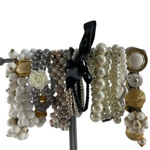 Lot 10 Faux Pearl Stretch Beaded Bracelets White Black Gray Stackable Gold Tone